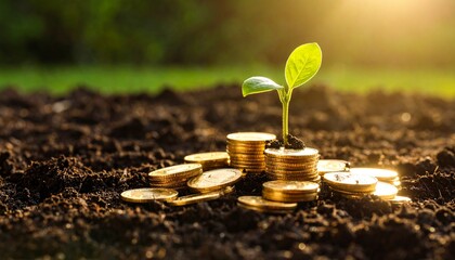 Financial growth concept with young green seedlings sprouting from stacks of golden coins.