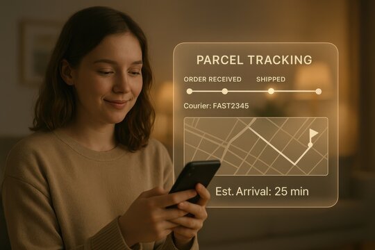 Woman tracking parcel delivery on smartphone with shipment status, courier info, and estimated arrival
