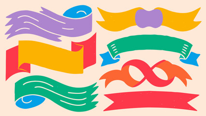Illustration of various colorful decorative ribbons and banners on a light beige background art