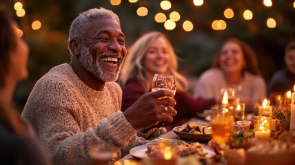 A diverse group enjoying a warm evening family dinner around a rustic table, focusing on one man laughing and holding a glass of wine. Autumn