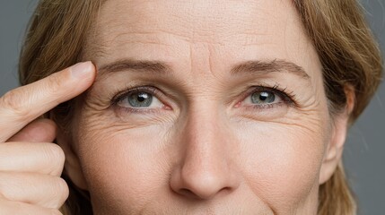 Candid Close-Up of a Caucasian Middle-Aged Woman Highlighting Wrinkles and Expression Lines Around Her Upper Eyelids
