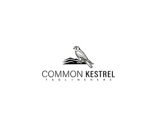 Minimalist vector illustration of a perched common kestrel bird on a bare branch, showcasing fine linework in elegant black and white style for premium branding, prints, and decor themes.


