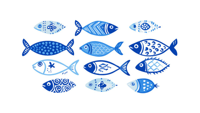Assortment of blue decorative fish with various patterns swimming in a group on a white background