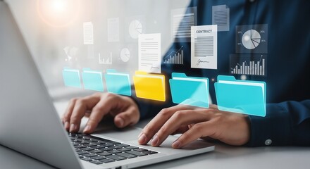 Document management system DMS and automated classification technology. Text documents and folder icons. Businessman using laptop computer for tagging and retrieving digital documents.	
