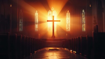 Sunlight Beaming Through Stained Glass Windows Illuminating Cross in Church Interior 4k video footage - Powered by Adobe