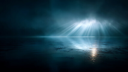 Ethereal Light Beams Over Dark Water Surface, Serene Landscape, Moody Atmosphere.