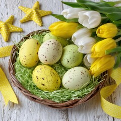 Festive easter basket filled with decorated eggs and spring tulips