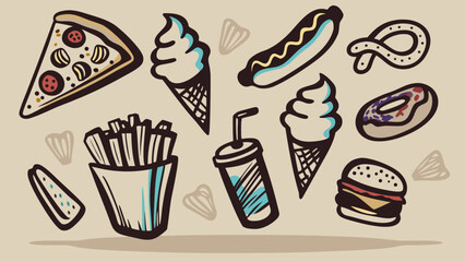 Illustration of various fast food items including pizza, ice cream, fries and a burger on a beige background