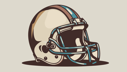 Illustration of a football helmet with a brown stripe and a blue face mask on a light background