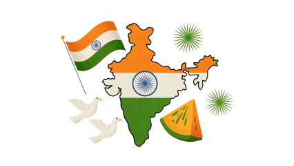 Celebrate India's vibrant spirit with flag, map, and doves symbolizing peace and national pride.