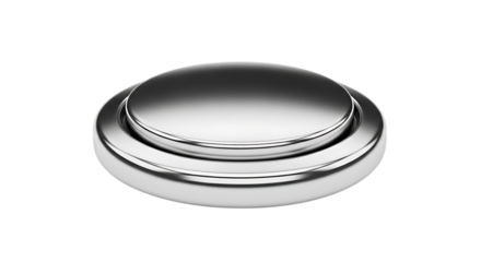 Closeup shot of a small silver oxide button cell battery, isolated on transparent background, commonly used in watches, calculators, and other small electronic devices as a portable power source