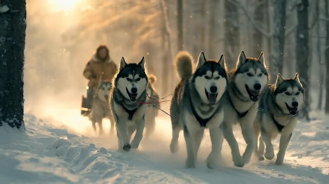A vivid, actionpacked scene of a sled dog race in a snowy forest during what appears to be the golden hour. The dogs are in motion, with their mouths open.