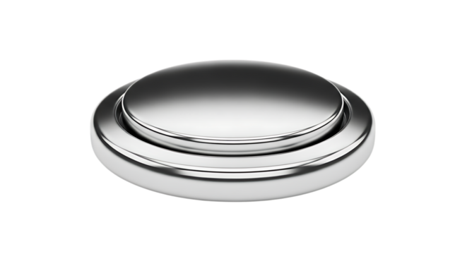 Closeup shot of a small silver oxide button cell battery, isolated on transparent background, commonly used in watches, calculators, and other small electronic devices as a portable power source