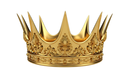 A majestic golden crown, representing royal authority and opulence, featuring elaborate designs and a brilliant sheen, isolated on transparent background