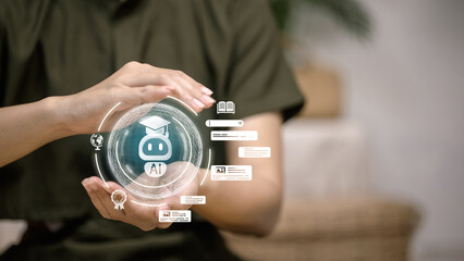 AI Education Technology Concept with Virtual Learning Icons in Hand