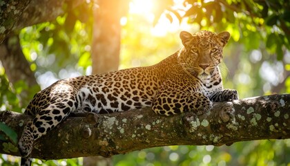 Leopard resting high up in a tree