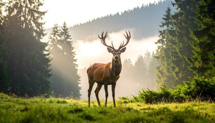 Majestic deer stands in misty forest