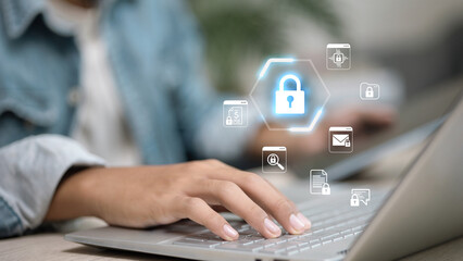 Cybersecurity and Data Protection Concept on Laptop with Digital Security Icons