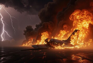 A dramatic scene unfolds as a fighter jet explodes on an aircraft carrier, engulfed in flames and surrounded by a stormy sky filled with lightning and billowing smoke 