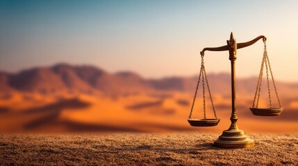 Golden scales of justice in desert landscape