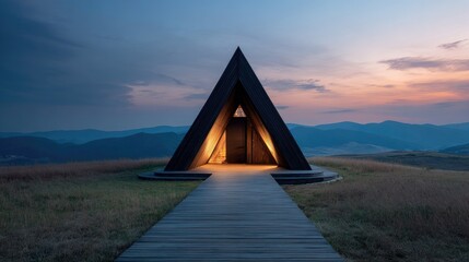 Wooden structure on hill overlooks mountain range at dusk