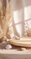 Obraz premium A light, neutral scene with pampas grass, stones, and a wooden platform