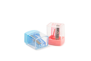 Pencil sharpener isolated on white background. Pencil and pencil shavings. Stationery. School supplies. School products. Flat lay. Place for text. copy space.