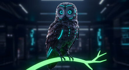 Cybernetic Owl Glowing Neon Lights