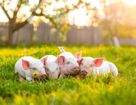 Adorable piglets in a grassy field