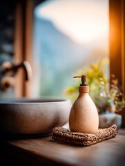 A minimalist arrangement features a cosmetic bottle on a woven mat beside a concrete sink. Natural light enhances the serene atmosphere, showcasing a connection between nature and architecture