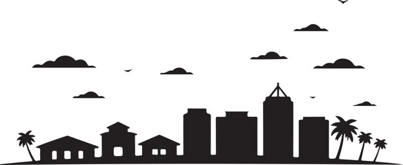 Black Silhouette of Majuro Skyline with Flat Island Strip, Buildings, and Palm Trees