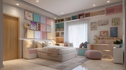 Playful Modern Children’s Bedroom With Pastel Palette And Functional Storage Solutions