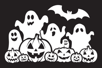 Halloween Vector Design with Ghosts Pumpkins and Bat Against Dark Backdrop Illustration for Festive Season Celebrations