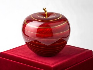Elegant red glass apple with gold accents, a luxurious decorative ornament on a red velvet cushion, perfect for a special occasion or as a treasured collectible