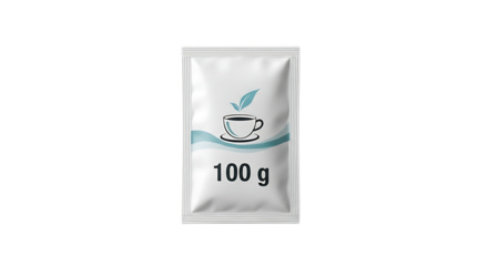 White sachet package mockup with coffee or tea cup logo and 100g text isolated on transparent background for product presentation, branding, and packaging design, a single serving of instant beverage