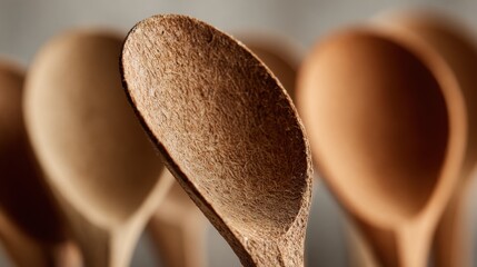 Close up of a coconut fiber spoon, highlighting its unique texture and sustainable nature, while other wooden spoons blur in the background, emphasizing the eco conscious choice