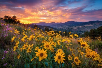 Obraz premium Golden Wildflowers Embracing the Colorado Sunrise Over Majestic Mountains