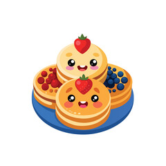Vector icon of a pancakes topped with berries, specifically strawberries, blueberries, and possibly raspberries or cherries on white.