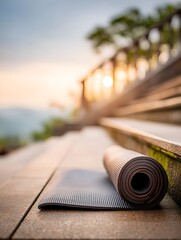 A sleek yoga mat rolled out, resting on stone steps with a soft, natural backdrop. The minimalism captures the essence of tranquility, perfect for wellness or relaxation projects