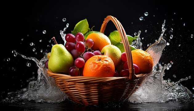 a vibrant fruit basket overflows with juicy apples pears oranges and grapes splashed with refreshing water droplets