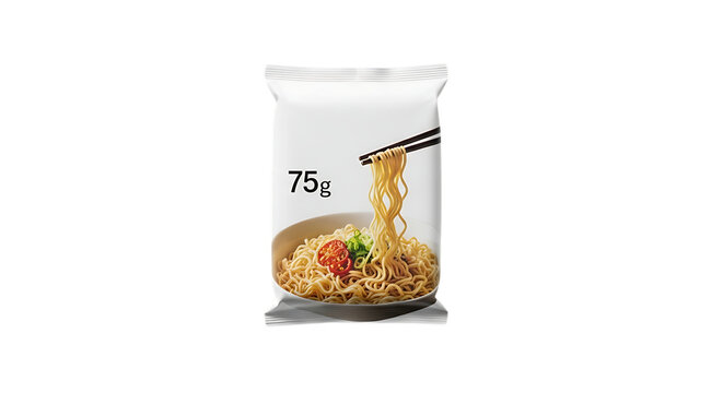 Closeup shot of a 75g instant noodle package with chopsticks holding noodles above a bowl, isolated on transparent background, showcasing a convenient and tasty meal option for a quick lunch or dinner
