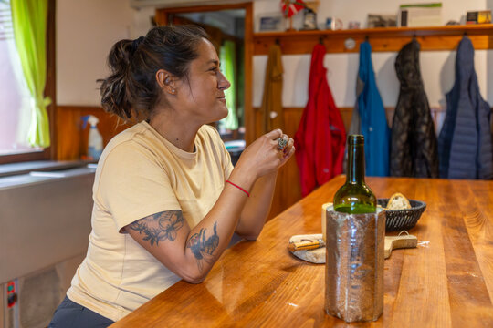 Woman enjoying a meal in Gorbea Natural Park shelter