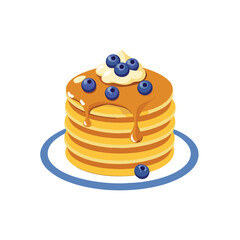 Vector icon of a stack of blueberry pancakes, topped with whipped cream or butter and drizzled with syrup. 