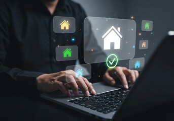 Smart property selection interface, user choosing house on laptop using digital platform, showcasing real estate listing decision process, home investment strategy, and housing search in online market