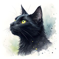 Watercolor clipart illustration featuring a black cat with striking yellow eyes and a beautiful surrounding splash of colors