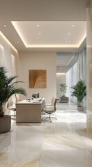 Fototapeta premium Modern beige office interior with marble floors and plants