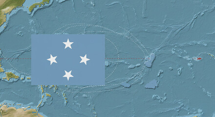 Stylized illustration integrating Micronesia’s light blue field with four white stars into the country’s widely scattered island geography. Navigational patterns and ocean currents.