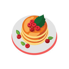 Vector Icon of fluffy Japanese soufflé pancakes topped with fresh cherry, ruspberry, vector art on white background, 