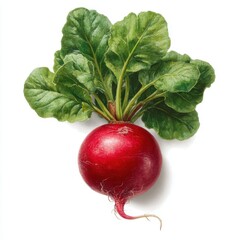 Freshly harvested red radish with vibrant green leaves on white background
