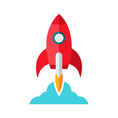 Red rocket launching into space with fiery exhaust and blue cloud